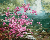 Цветной / Картина по номерам «Цветущий куст у воды»