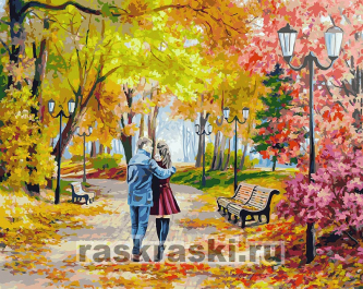 Белоснежка / Картина по номерам «Осенний парк, скамейка, двое»