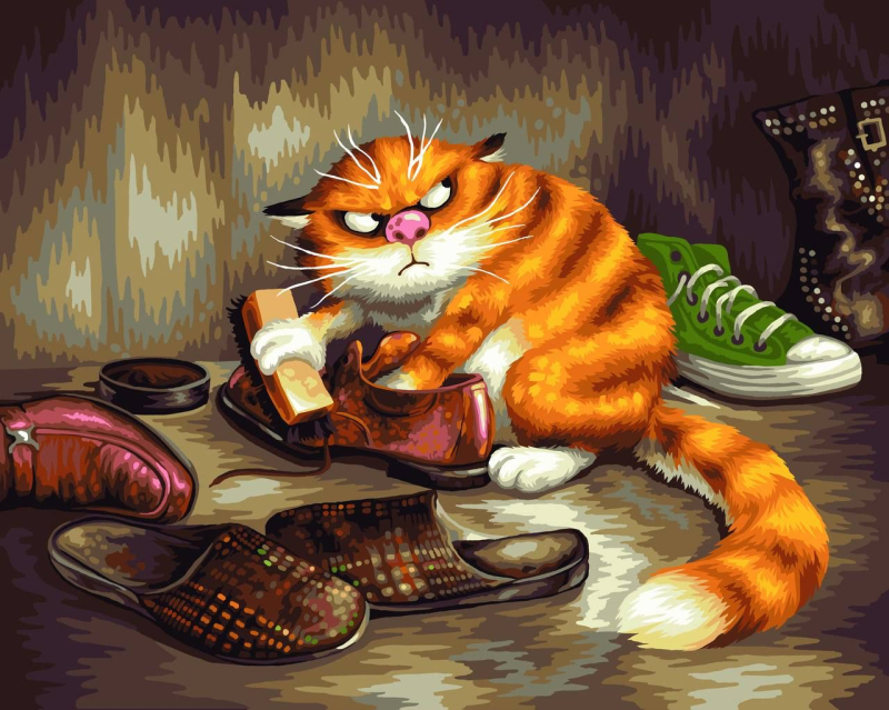 Раскраски.Ру / Картина по номерам «Кот чистит ботинки» Раскраски.Ру RU001